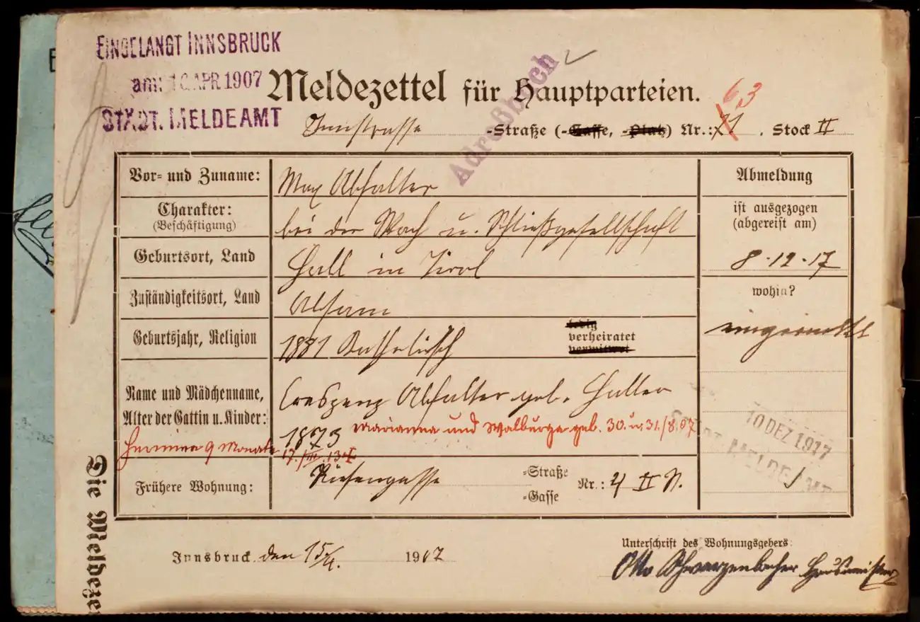 Meldezettel 0406, Vorderseite