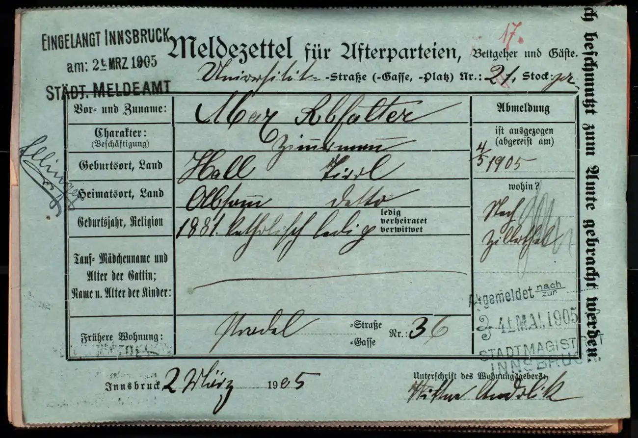 Meldezettel 0407, Vorderseite