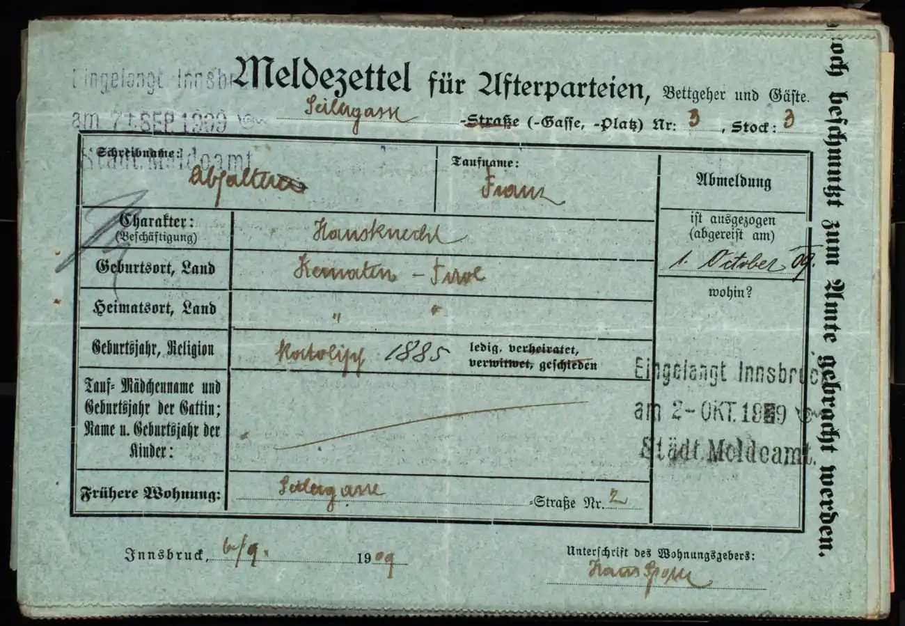 Meldezettel 0417, Vorderseite
