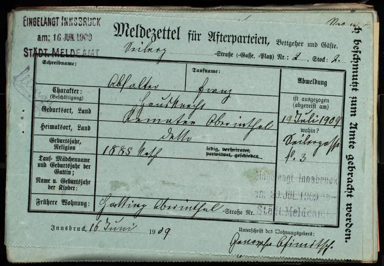 Meldezettel 0418, Vorderseite