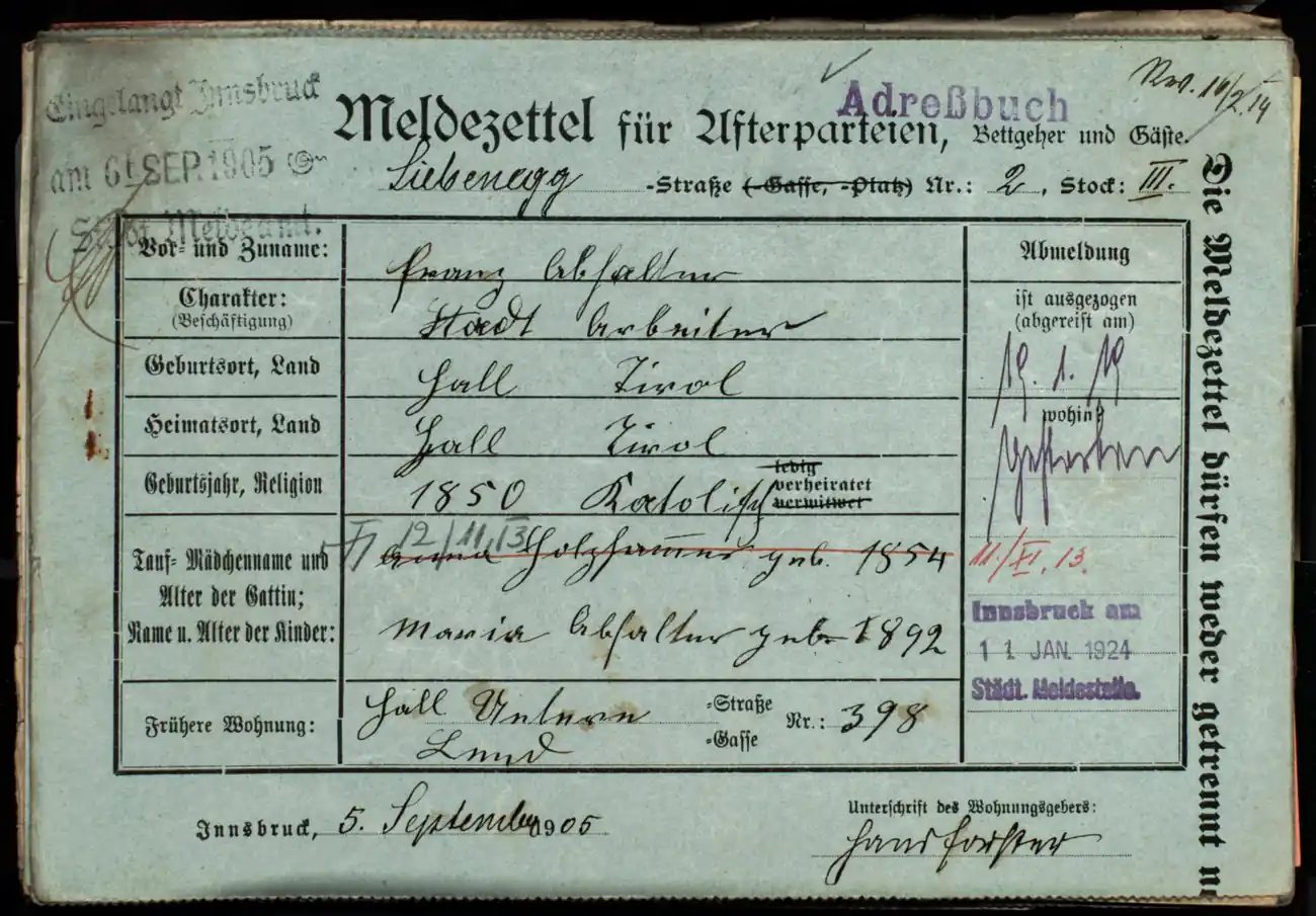 Meldezettel 0419, Vorderseite