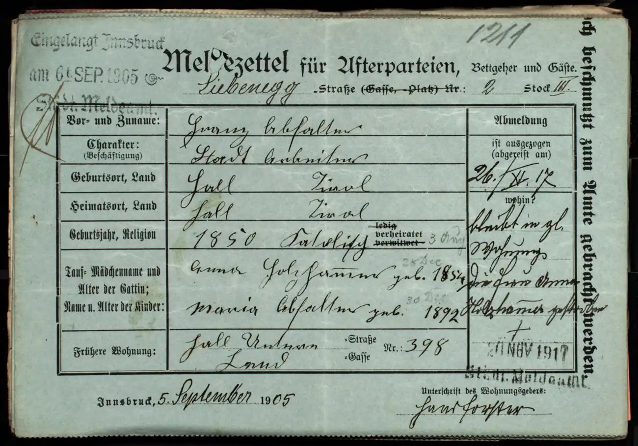 Meldezettel 0421, Vorderseite