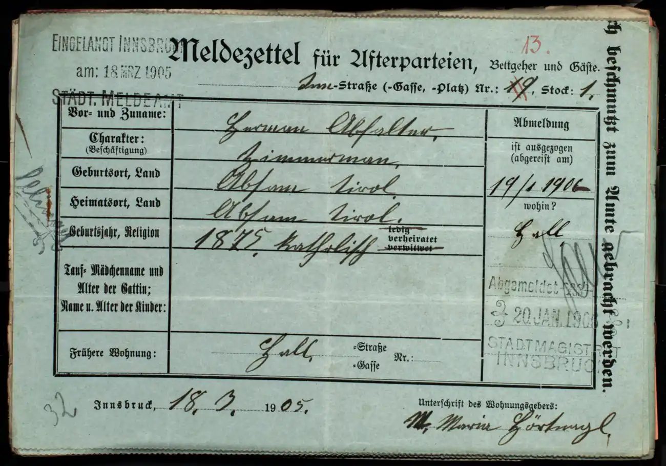 Meldezettel 0422, Vorderseite