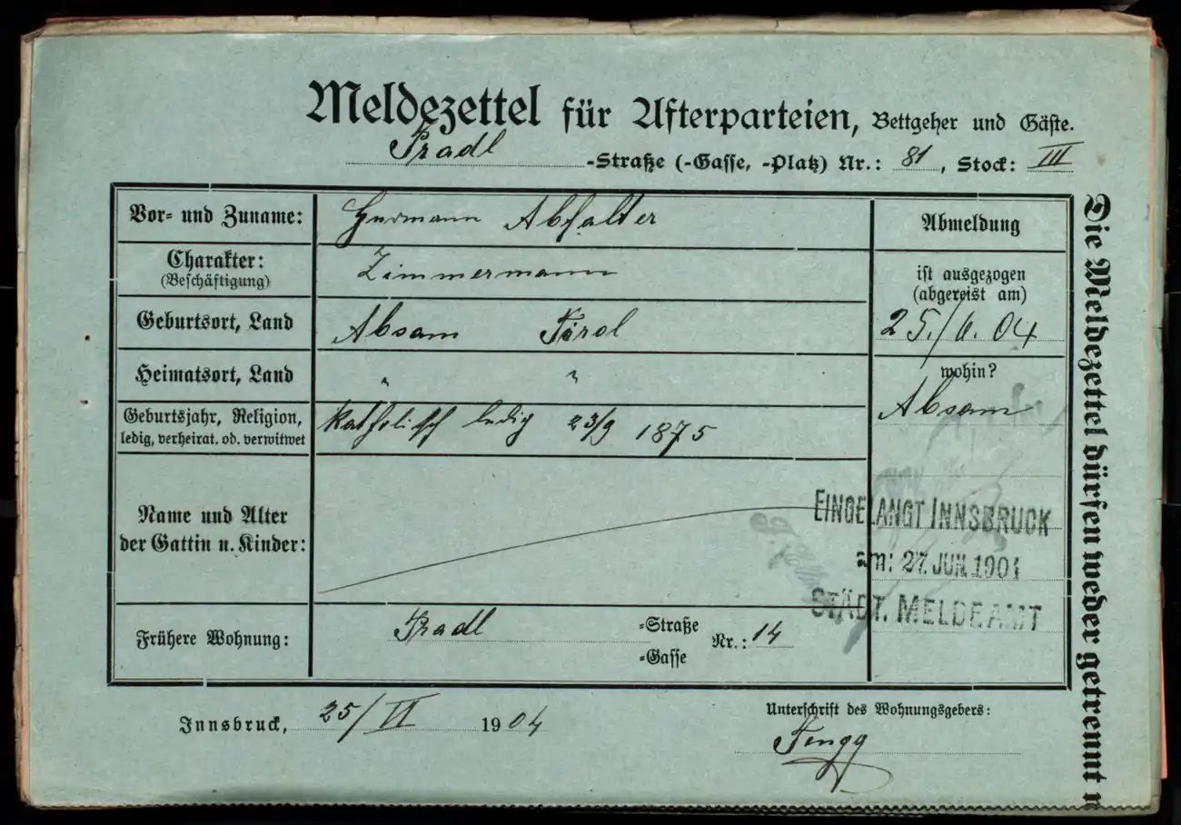Meldezettel 0423, Vorderseite