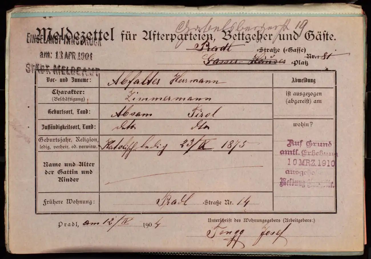 Meldezettel 0424, Vorderseite