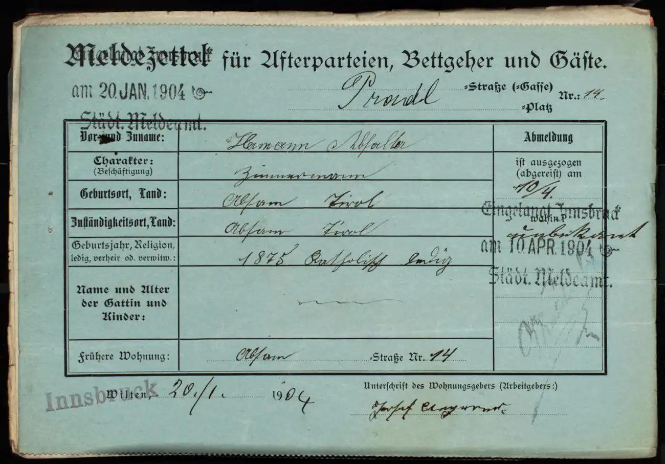 Meldezettel 0425, Vorderseite