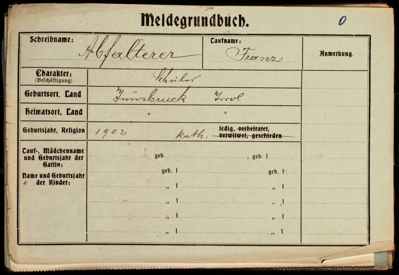 Meldezettel 0430, Vorderseite