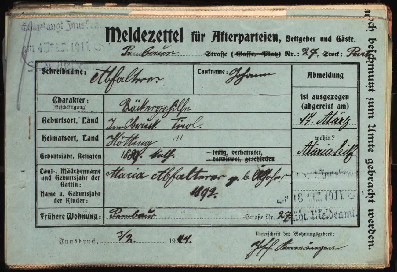 Meldezettel 0432, Vorderseite