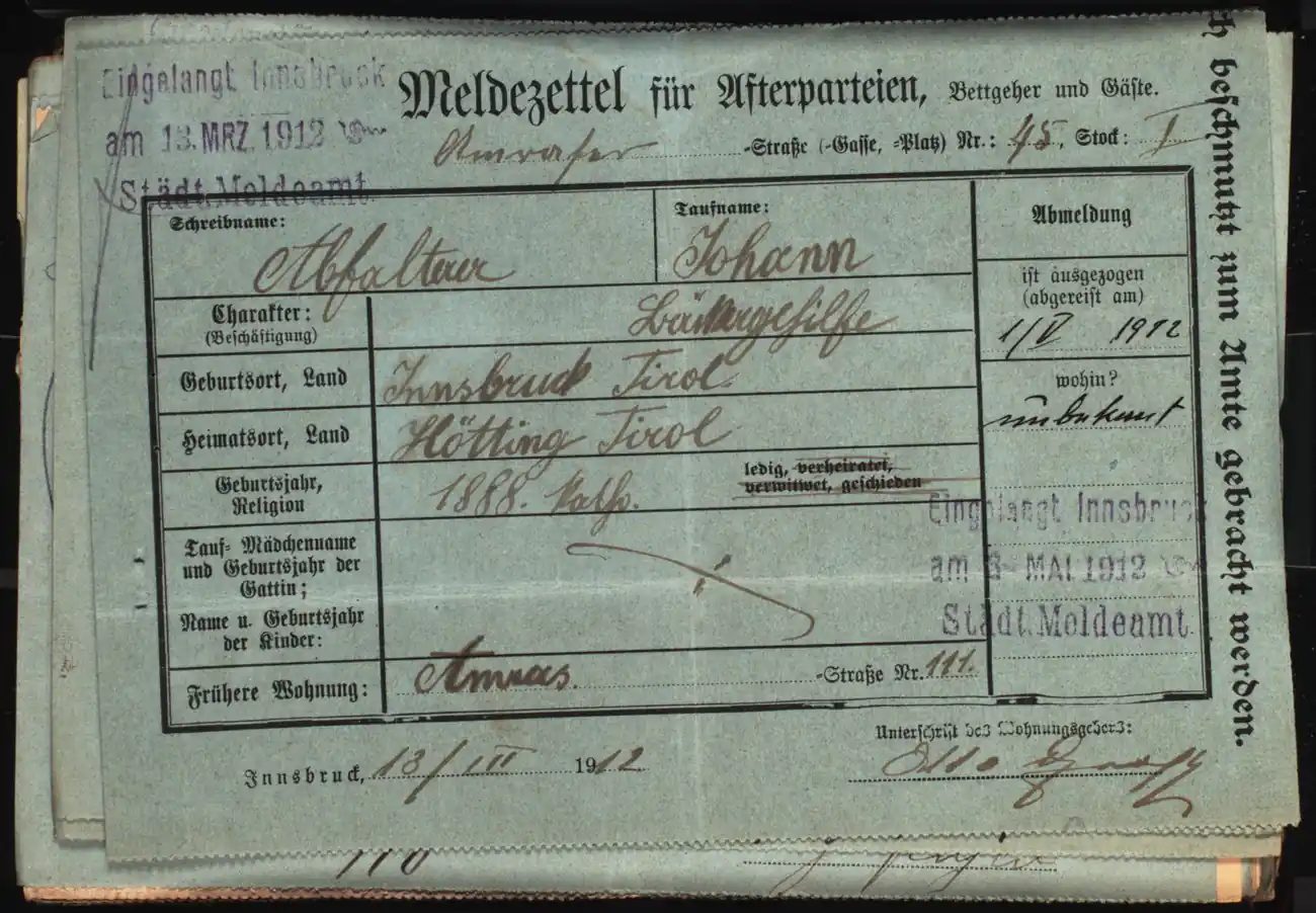 Meldezettel 0441, Vorderseite