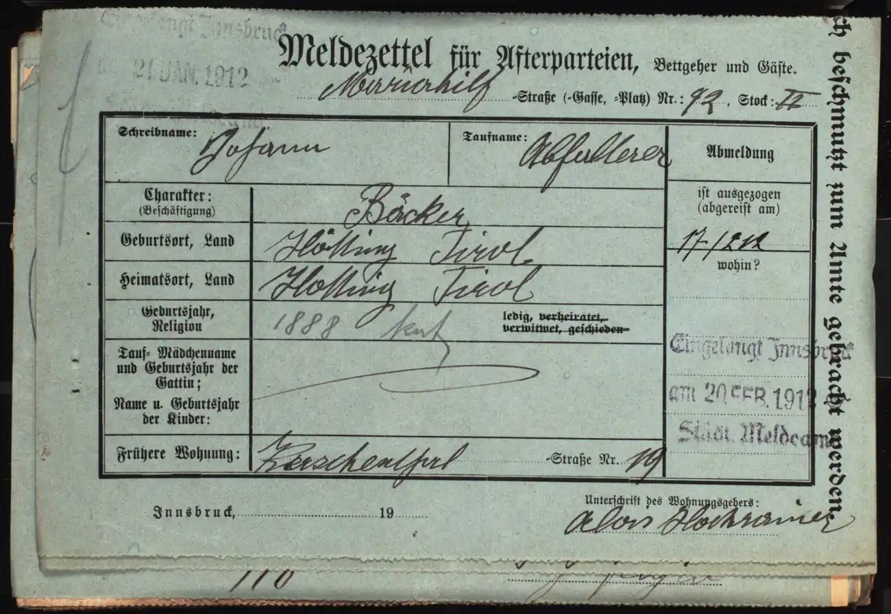 Meldezettel 0442, Vorderseite