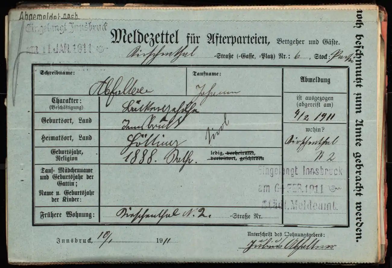 Meldezettel 0447, Vorderseite