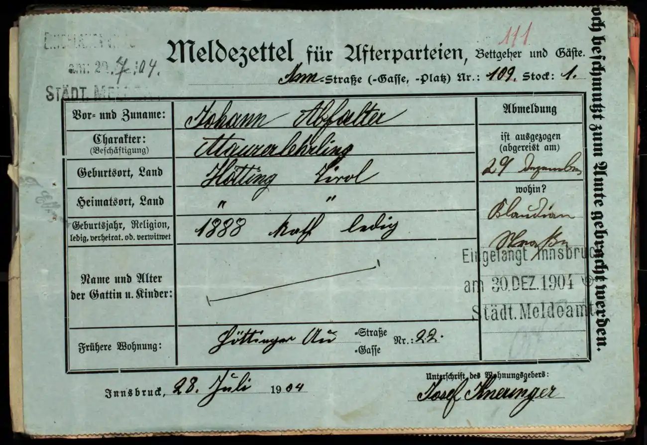 Meldezettel 0453, Vorderseite
