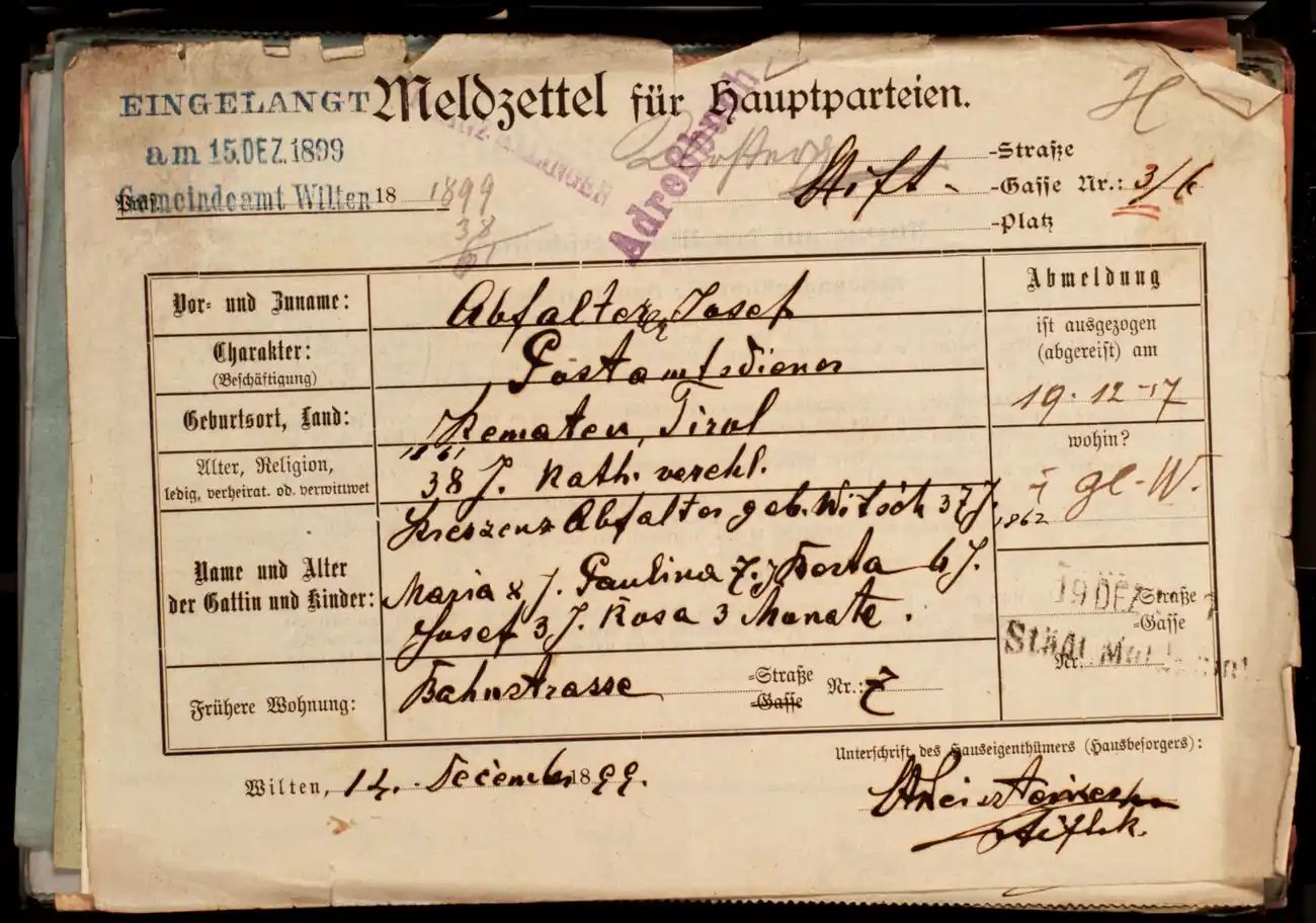 Meldezettel 0456, Vorderseite