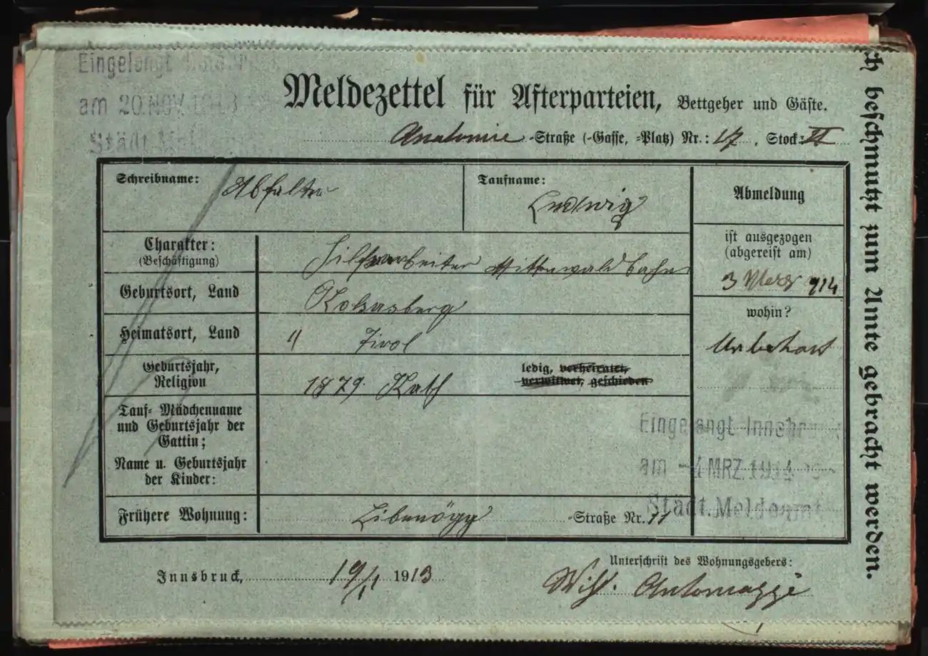 Meldezettel 0465, Vorderseite