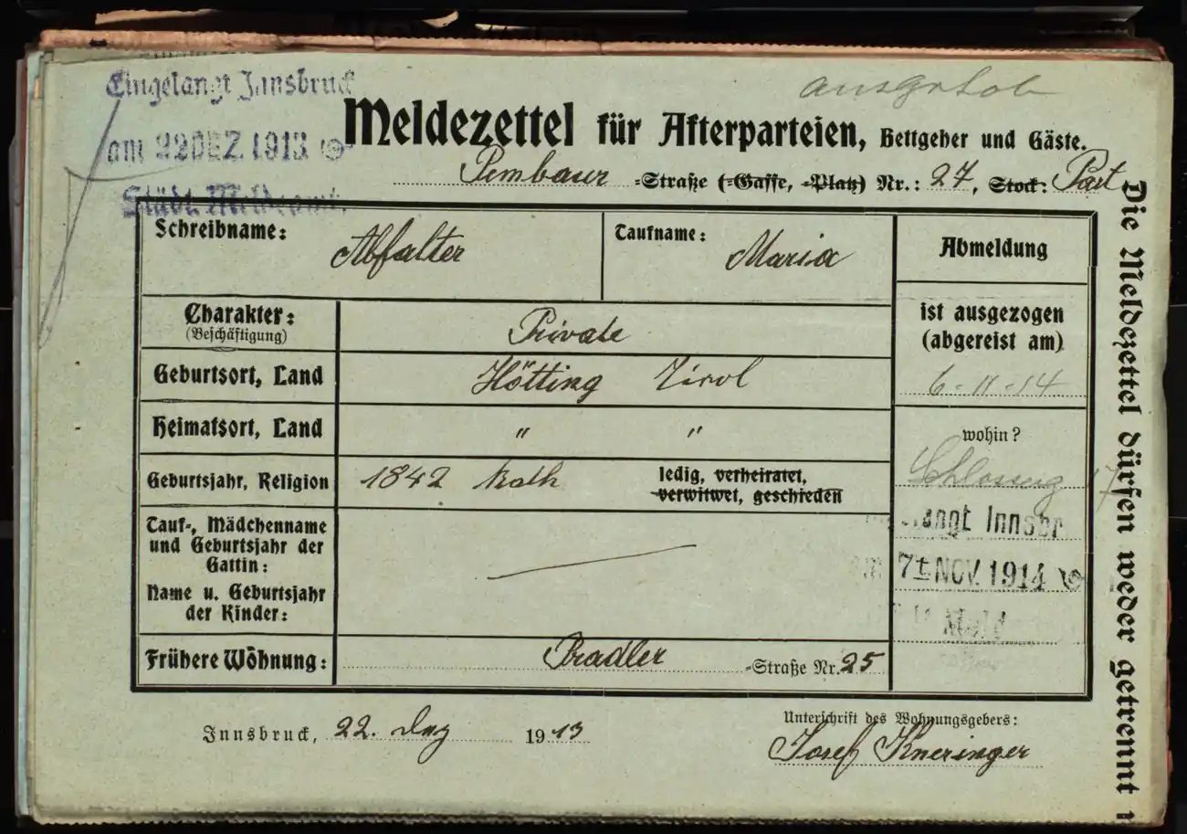 Meldezettel 0476, Vorderseite