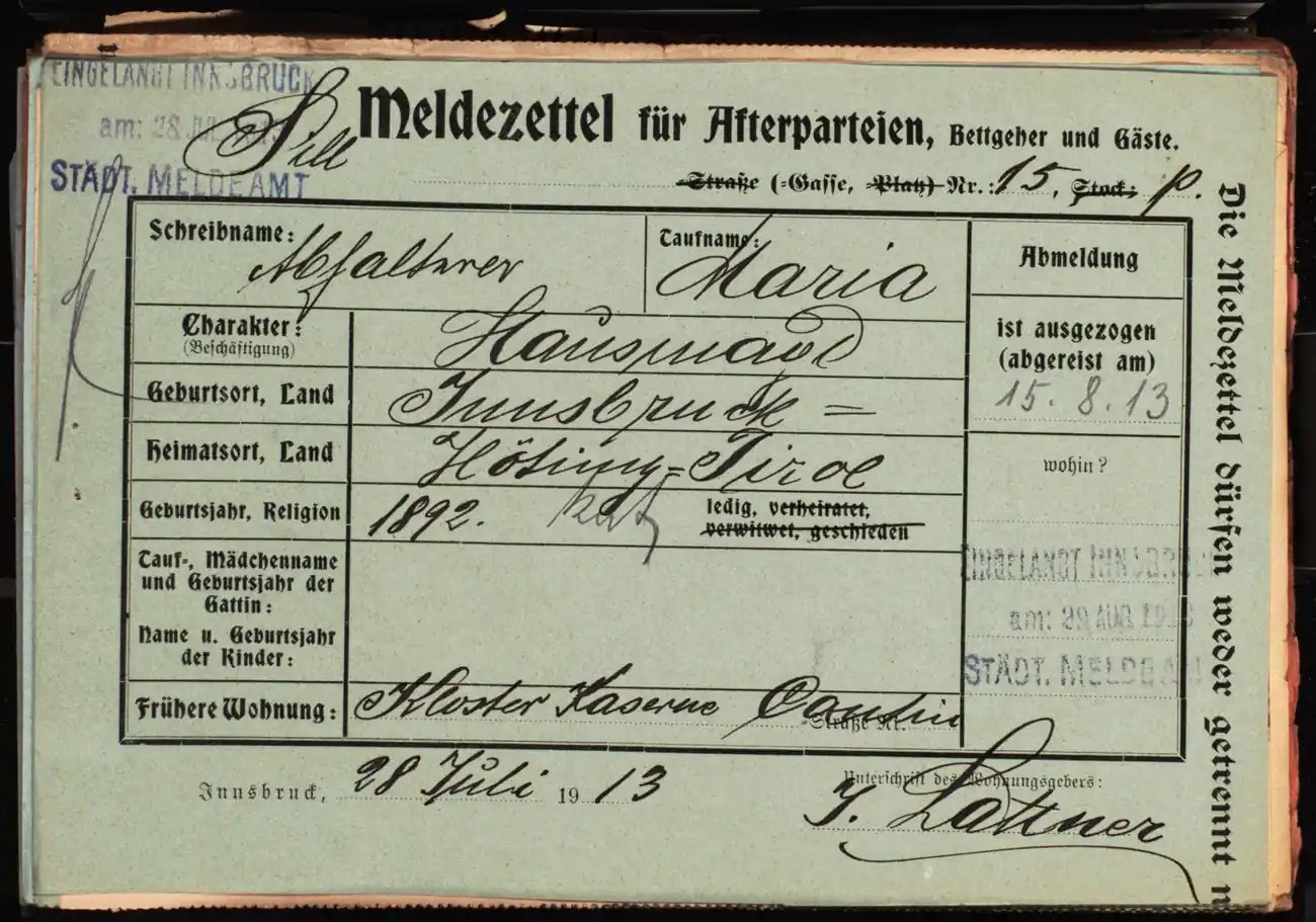 Meldezettel 0481, Vorderseite