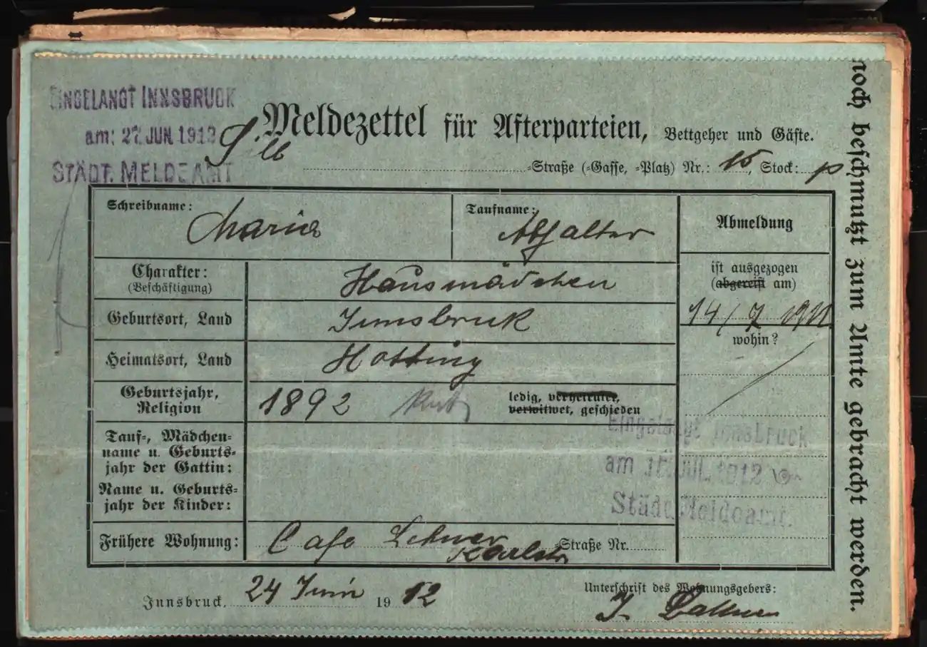 Meldezettel 0485, Vorderseite