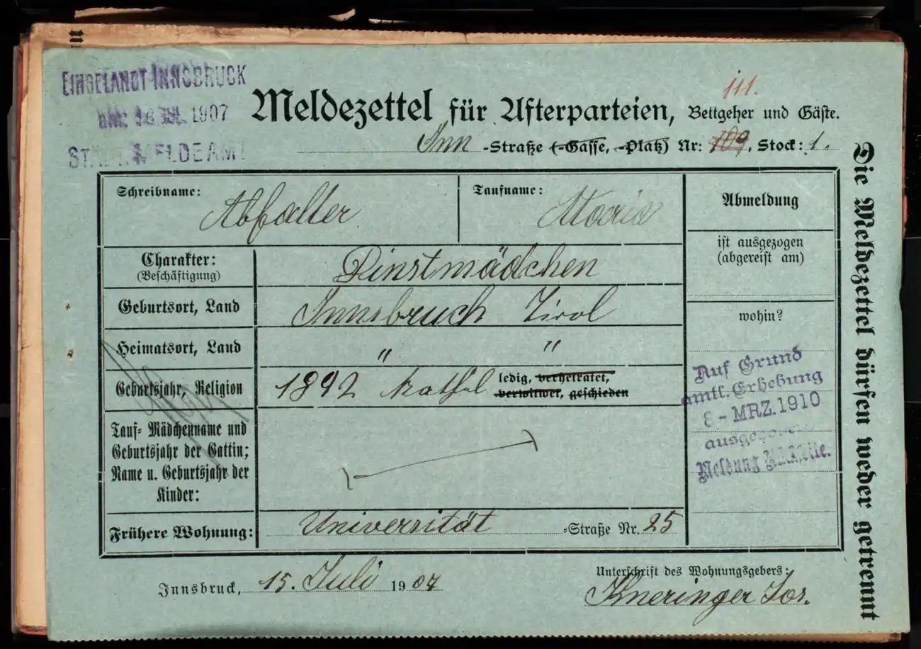 Meldezettel 0487, Vorderseite