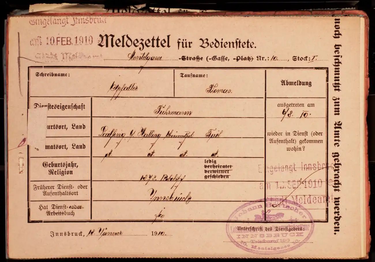 Meldezettel 0500, Vorderseite