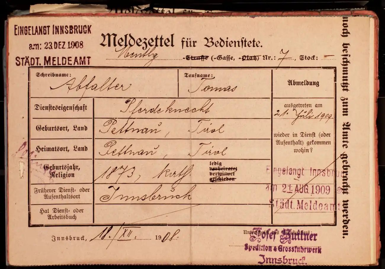 Meldezettel 0501, Vorderseite