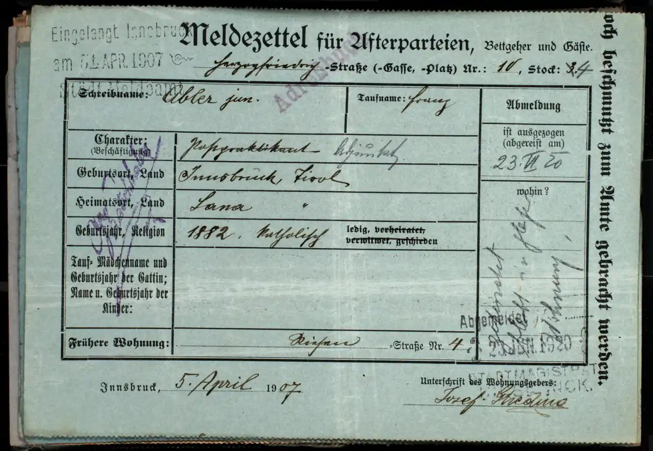 Meldezettel 0513, Vorderseite