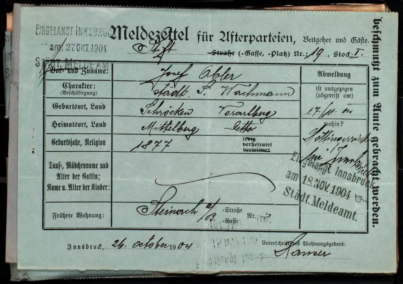 Meldezettel 0521, Vorderseite