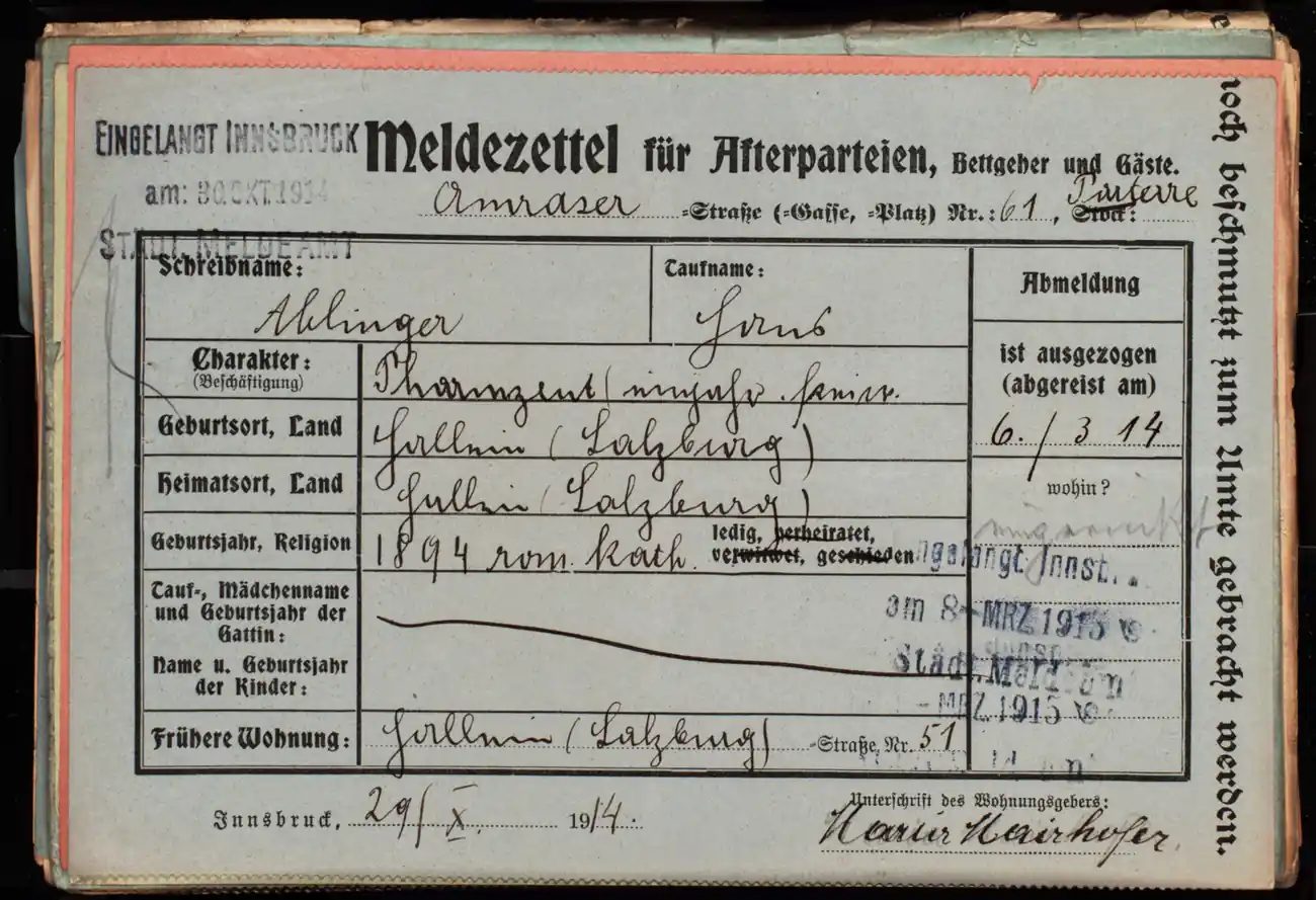 Meldezettel 0536, Vorderseite
