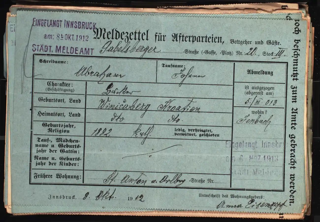 Meldezettel 0579, Vorderseite