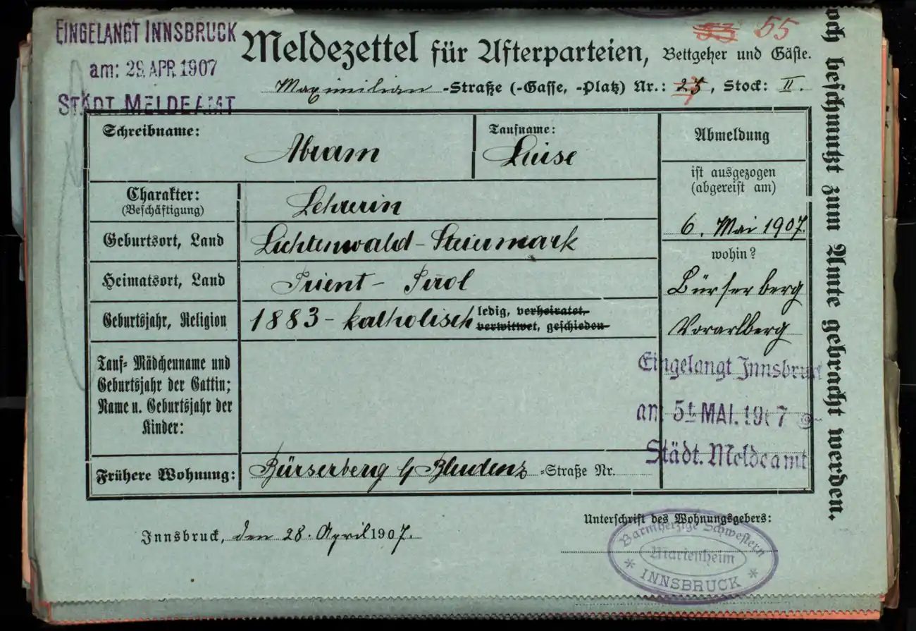 Meldezettel 0595, Vorderseite