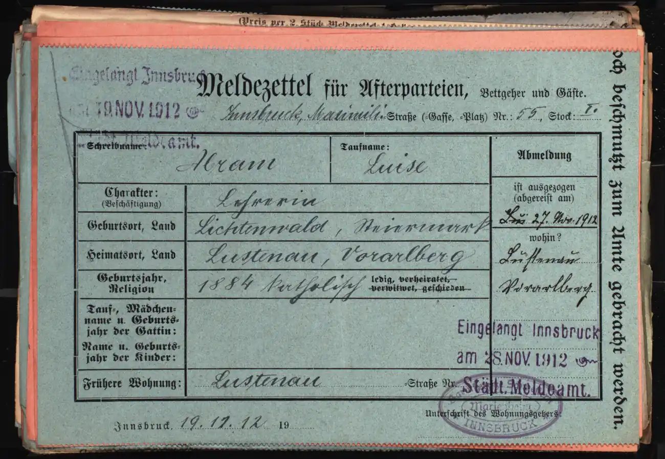 Meldezettel 0596, Vorderseite