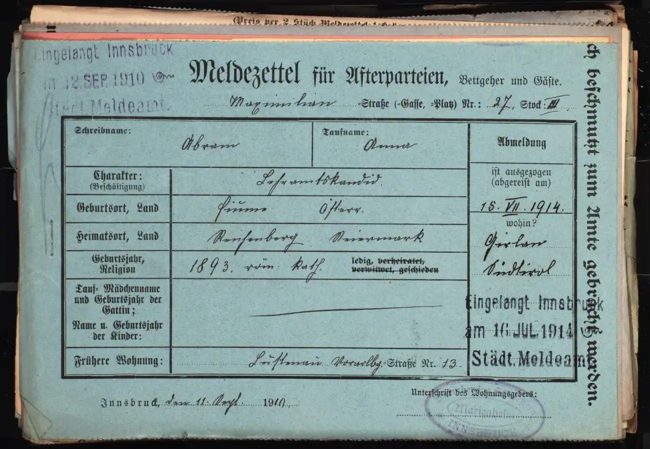 Meldezettel 0599, Vorderseite