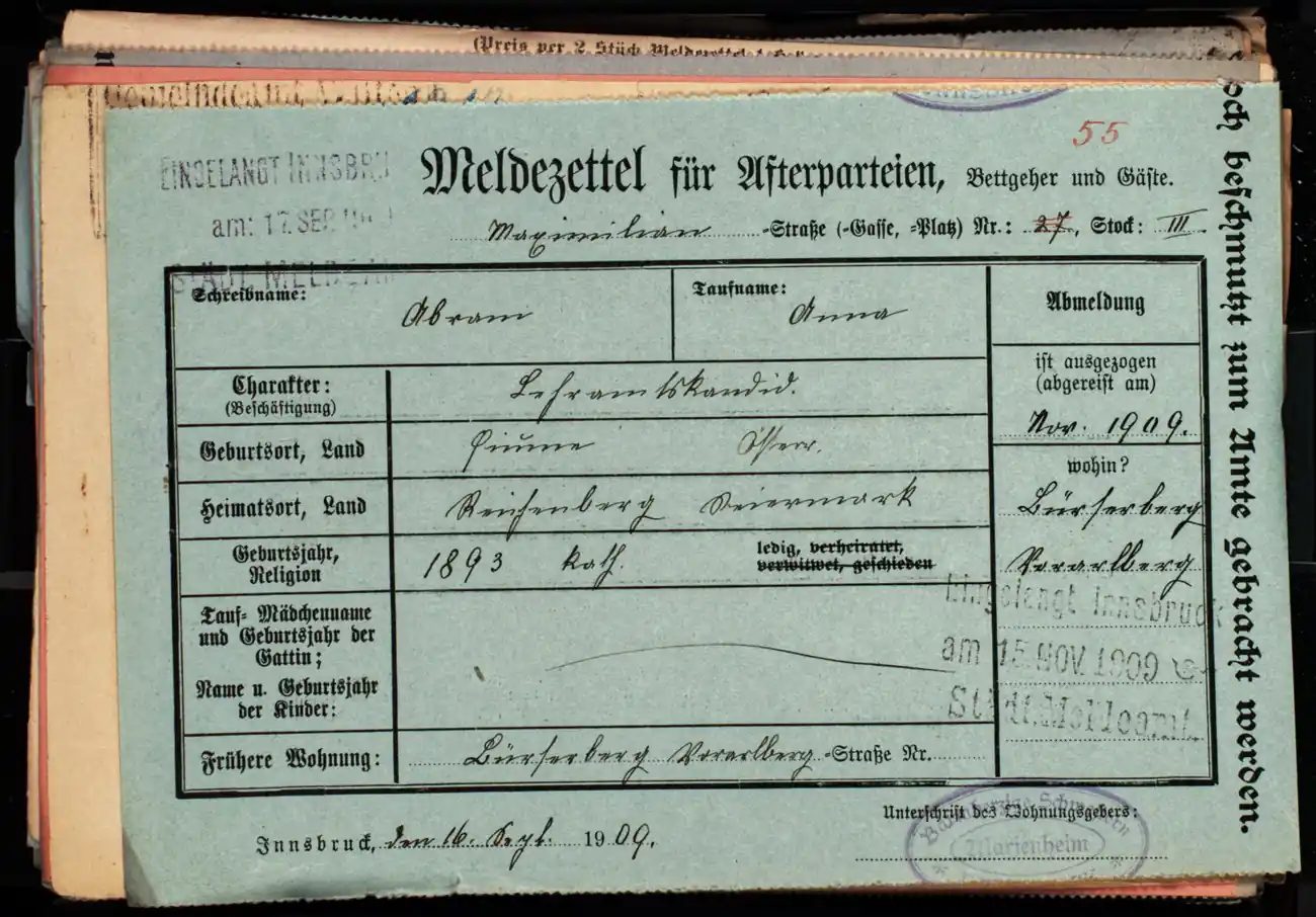 Meldezettel 0600, Vorderseite
