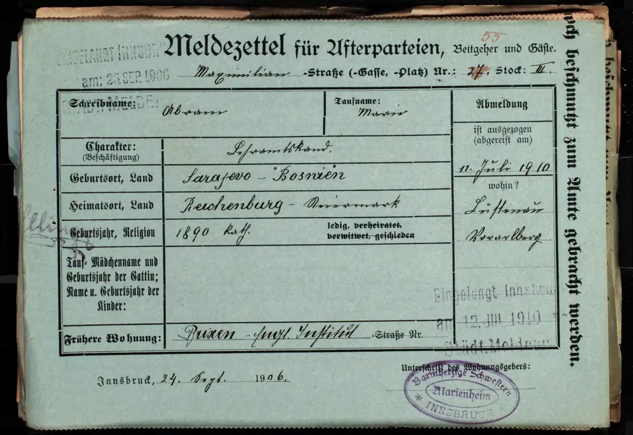 Meldezettel 0619, Vorderseite