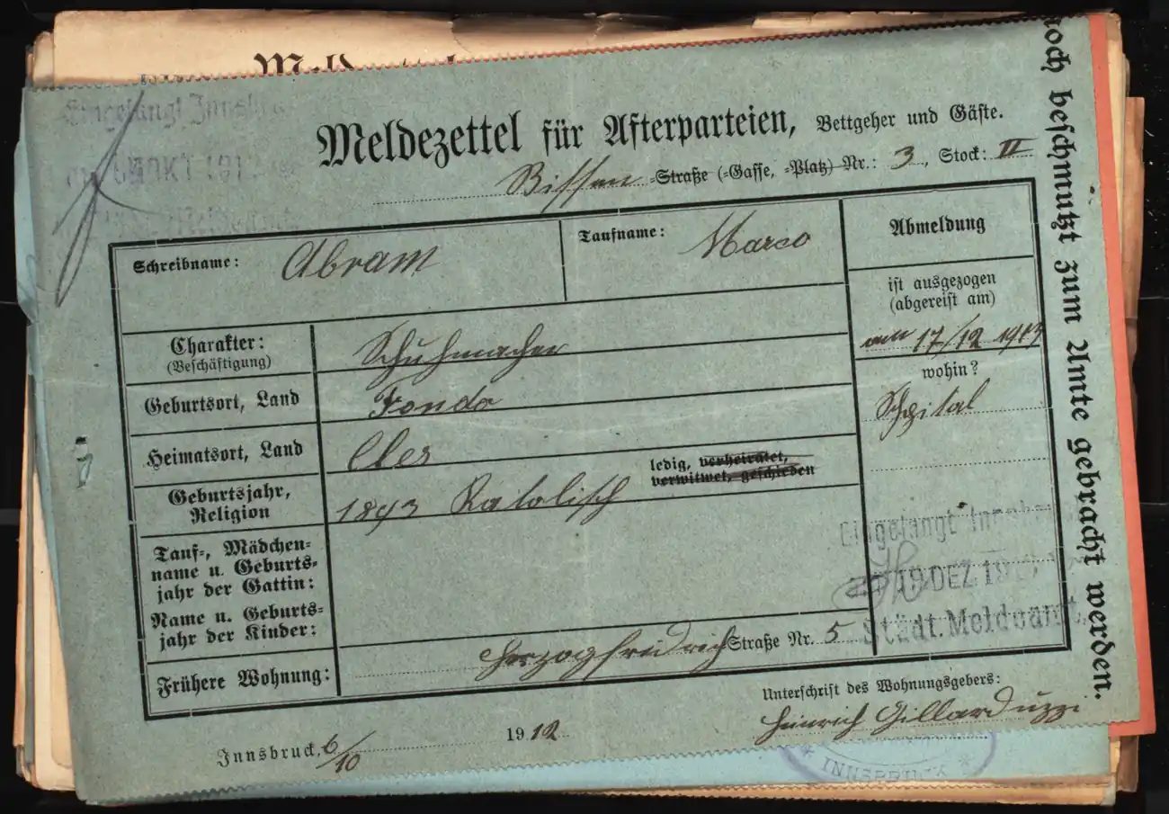 Meldezettel 0625, Vorderseite