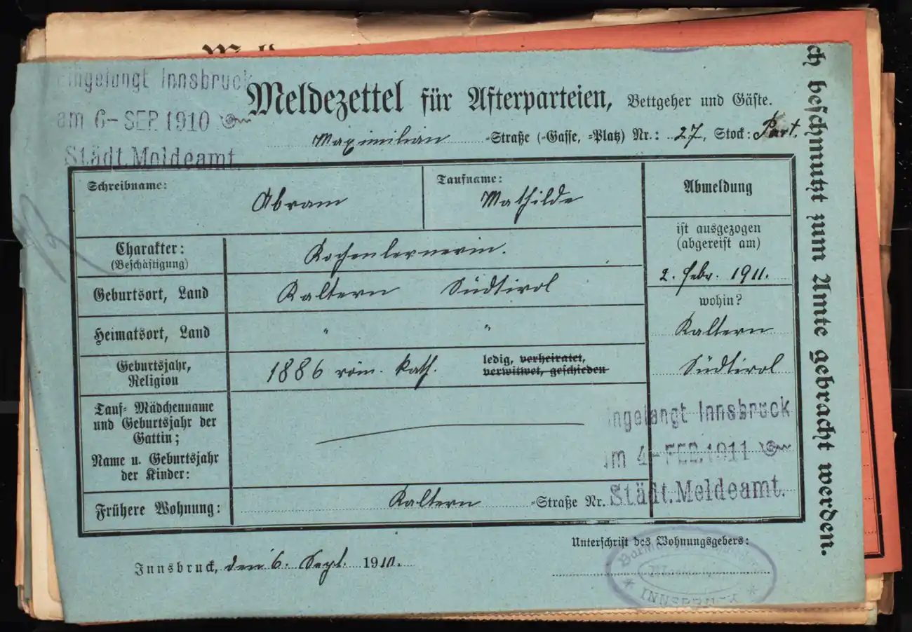 Meldezettel 0626, Vorderseite
