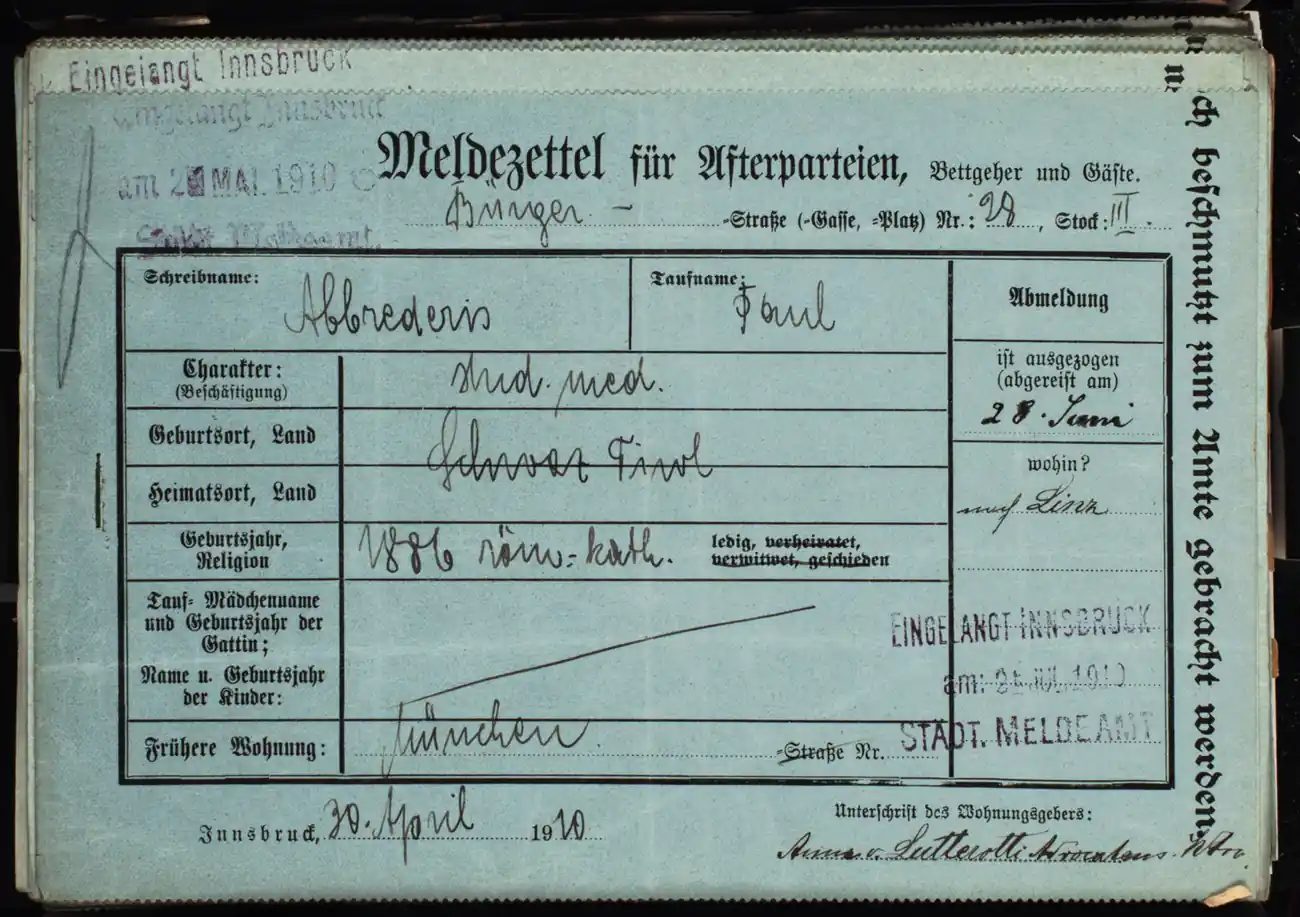 Meldezettel 0647, Vorderseite