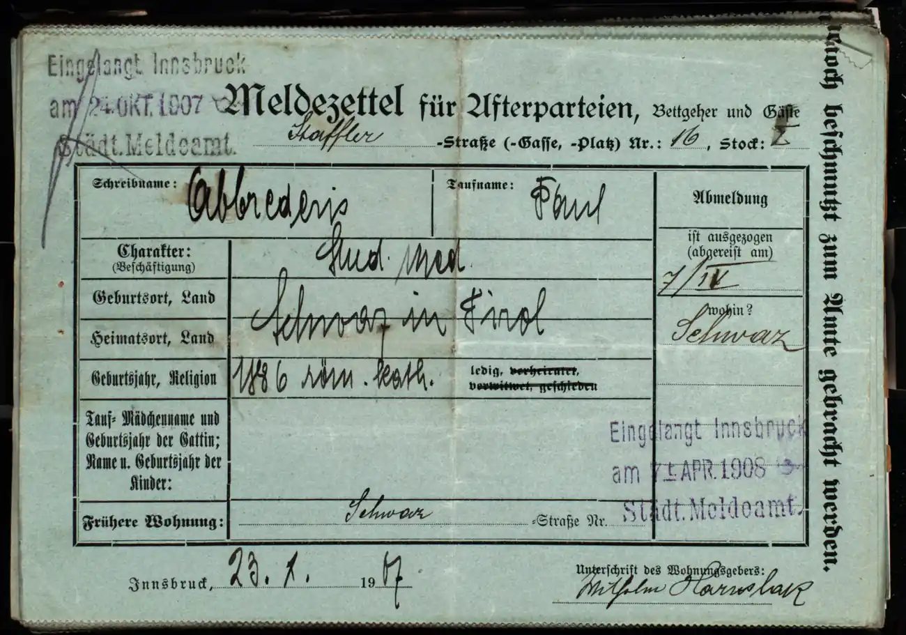 Meldezettel 0649, Vorderseite