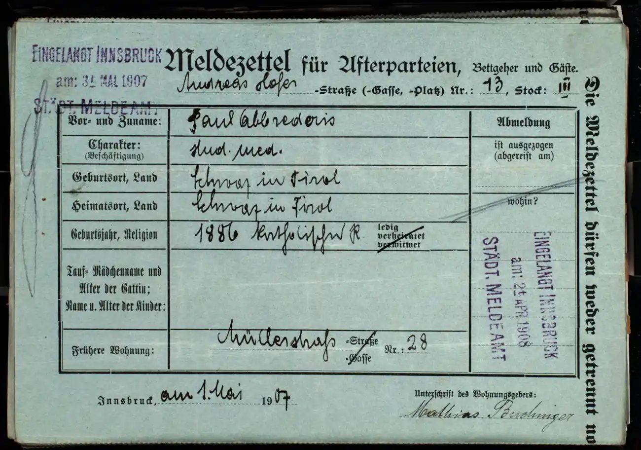 Meldezettel 0651, Vorderseite