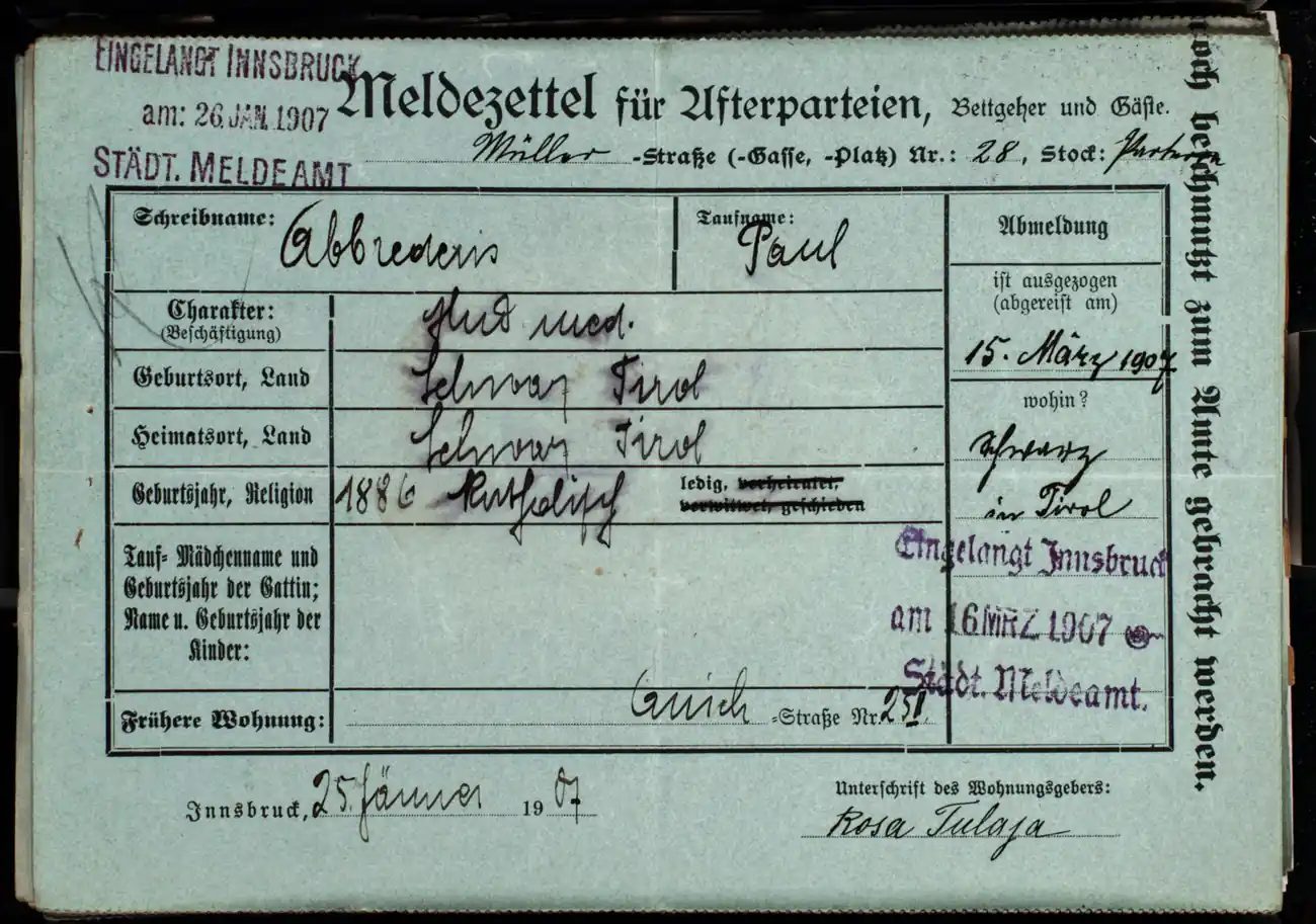 Meldezettel 0652, Vorderseite