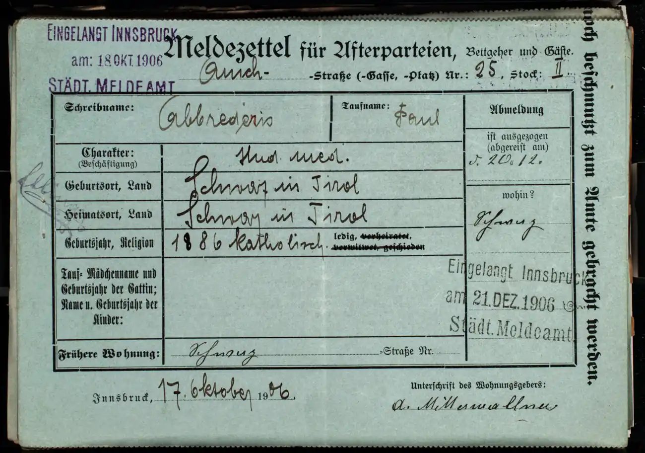 Meldezettel 0653, Vorderseite