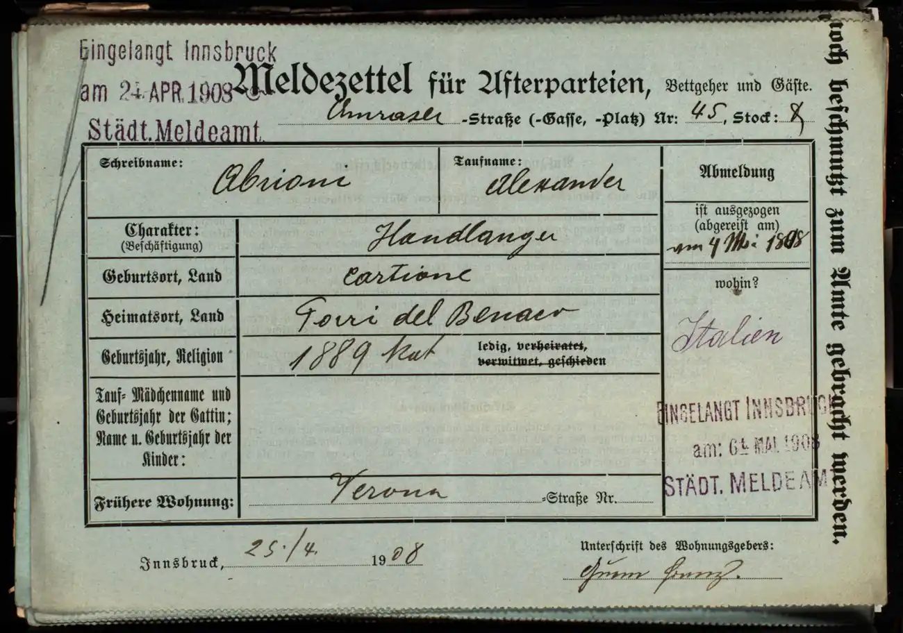Meldezettel 0655, Vorderseite