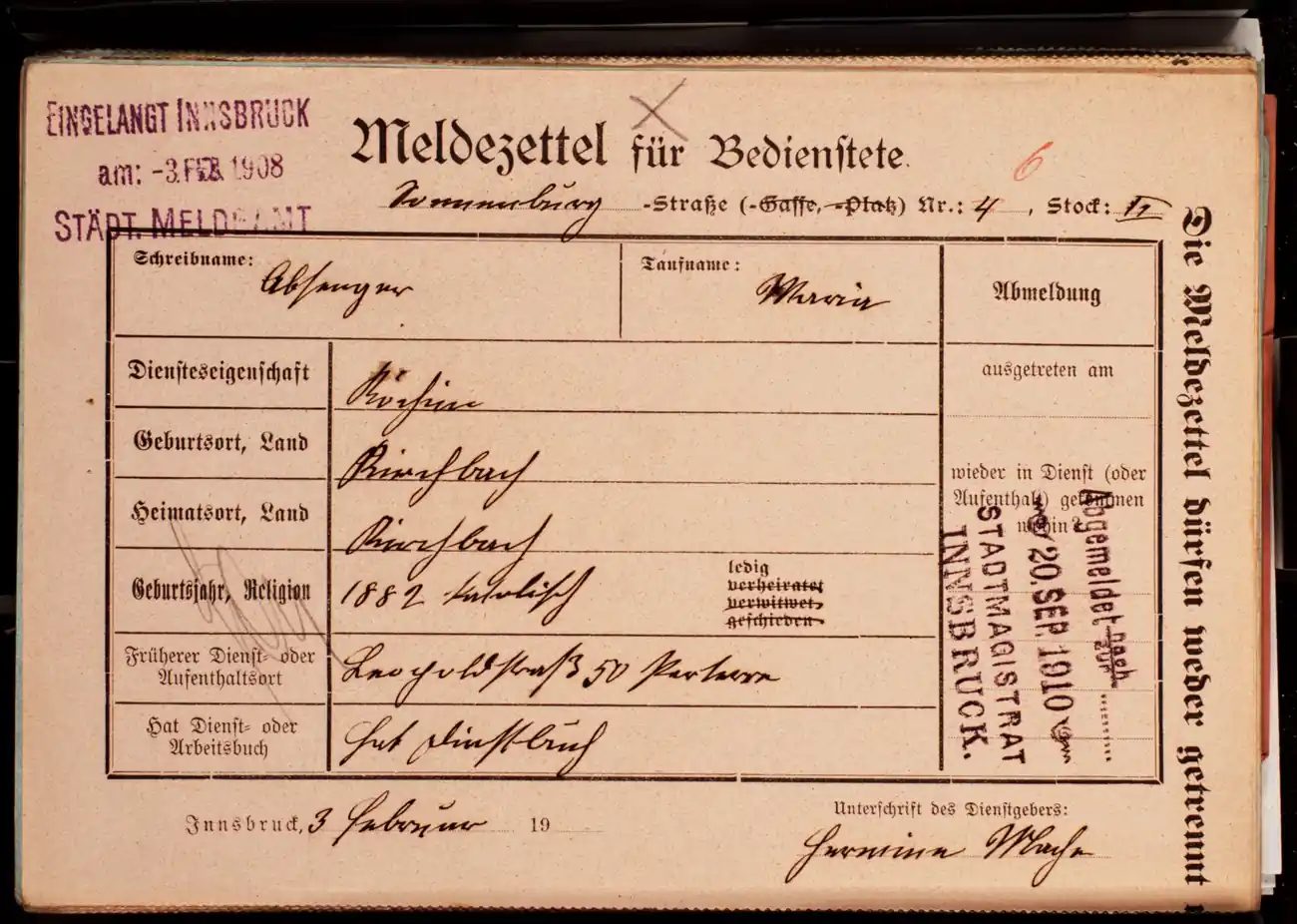 Meldezettel 0693, Vorderseite