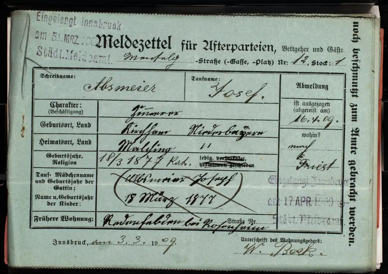 Meldezettel 0705, Vorderseite