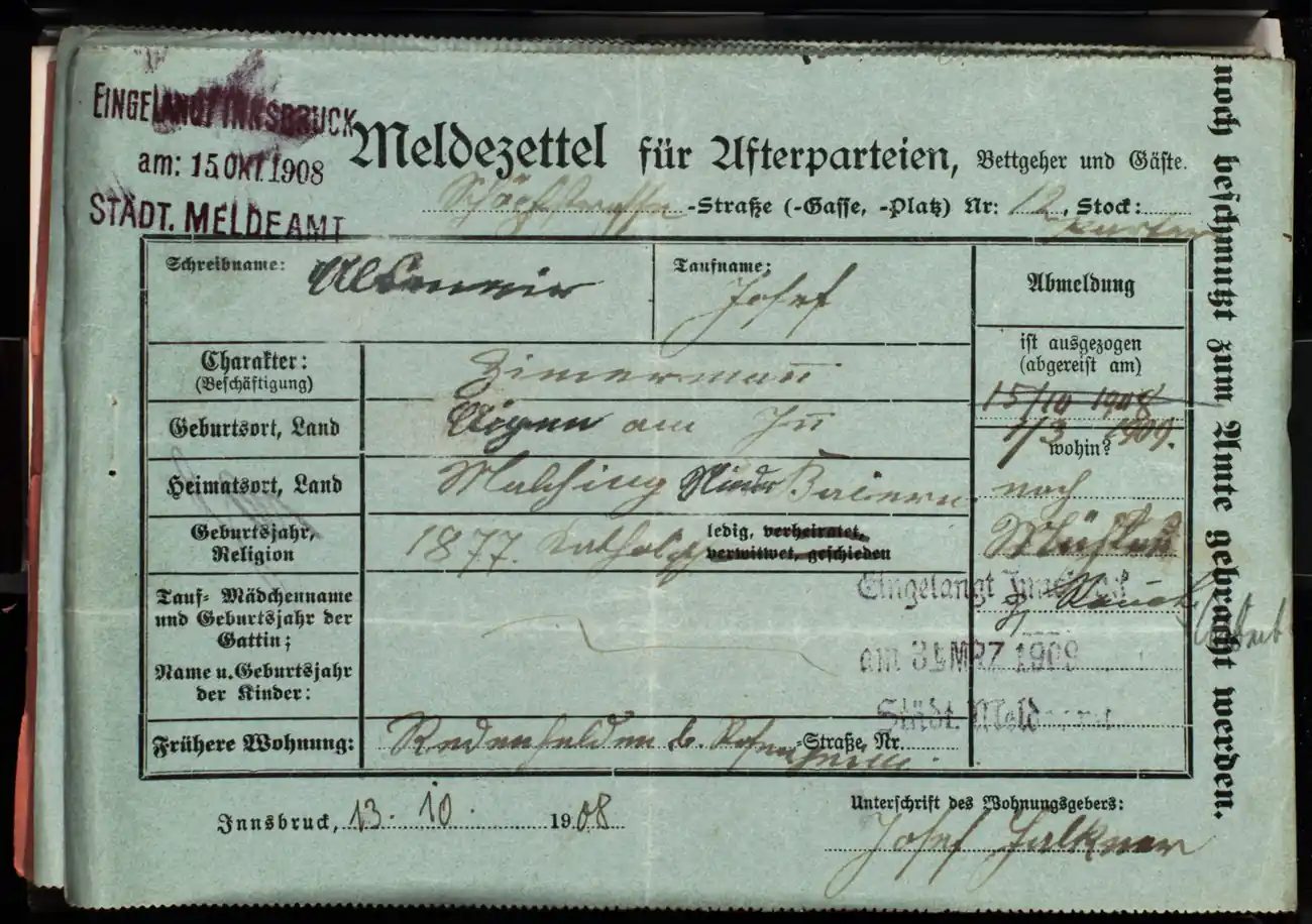 Meldezettel 0706, Vorderseite
