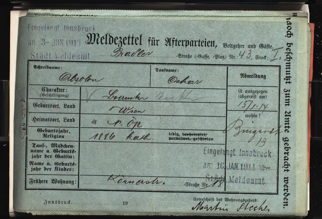 Meldezettel 0712, Vorderseite