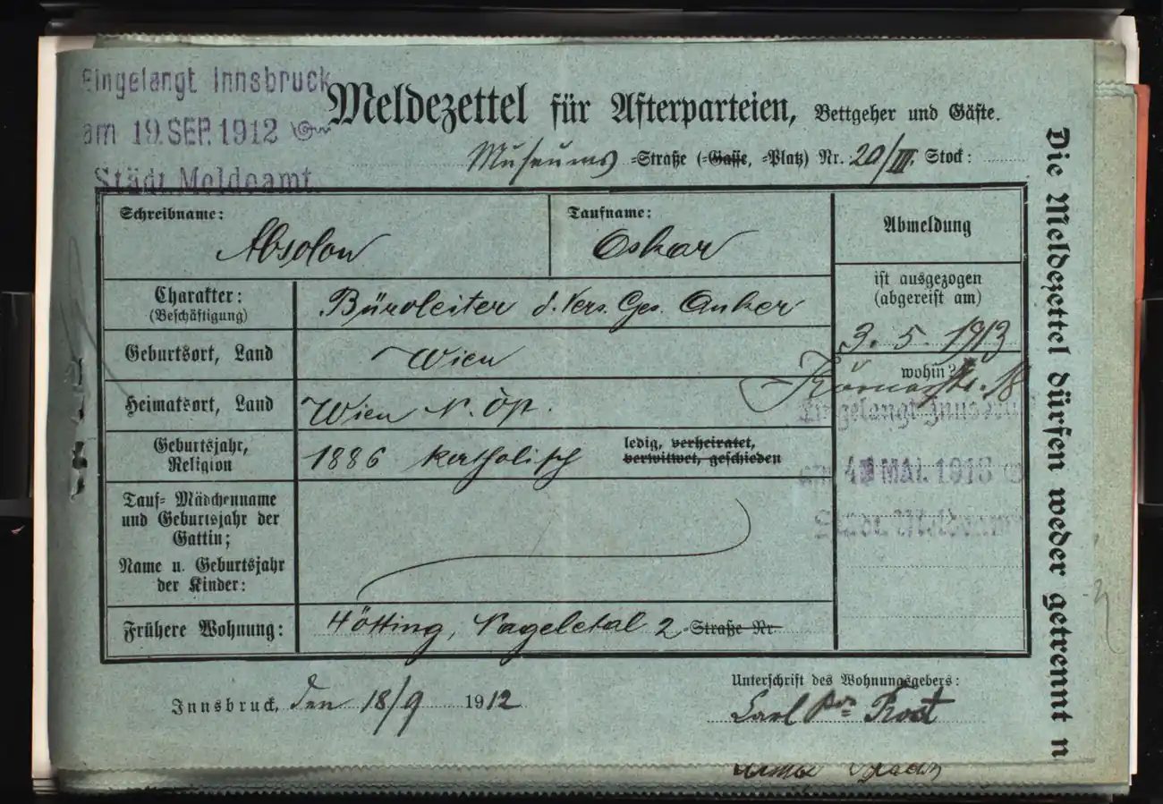 Meldezettel 0714, Vorderseite